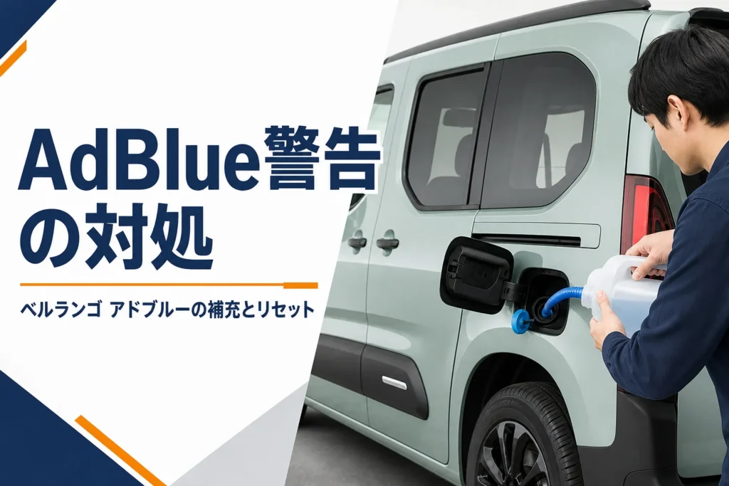 ベルランゴのAdBlue補給口に尿素水を補充する様子