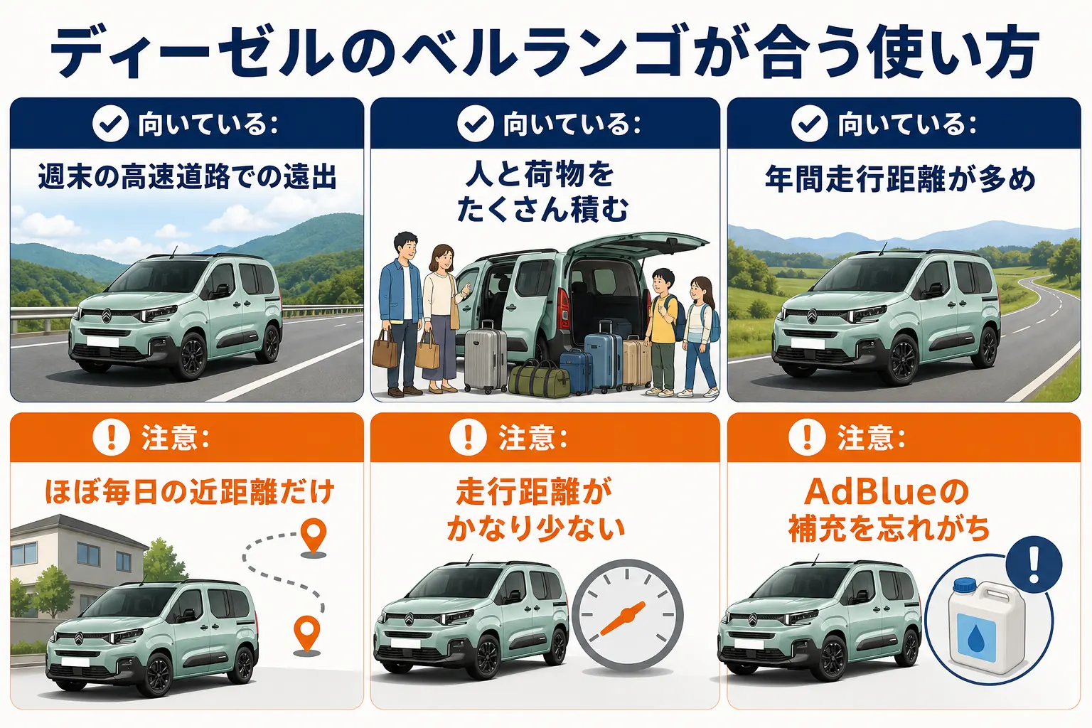 ディーゼルのベルランゴが向いている人と慎重に考えたい人の図解