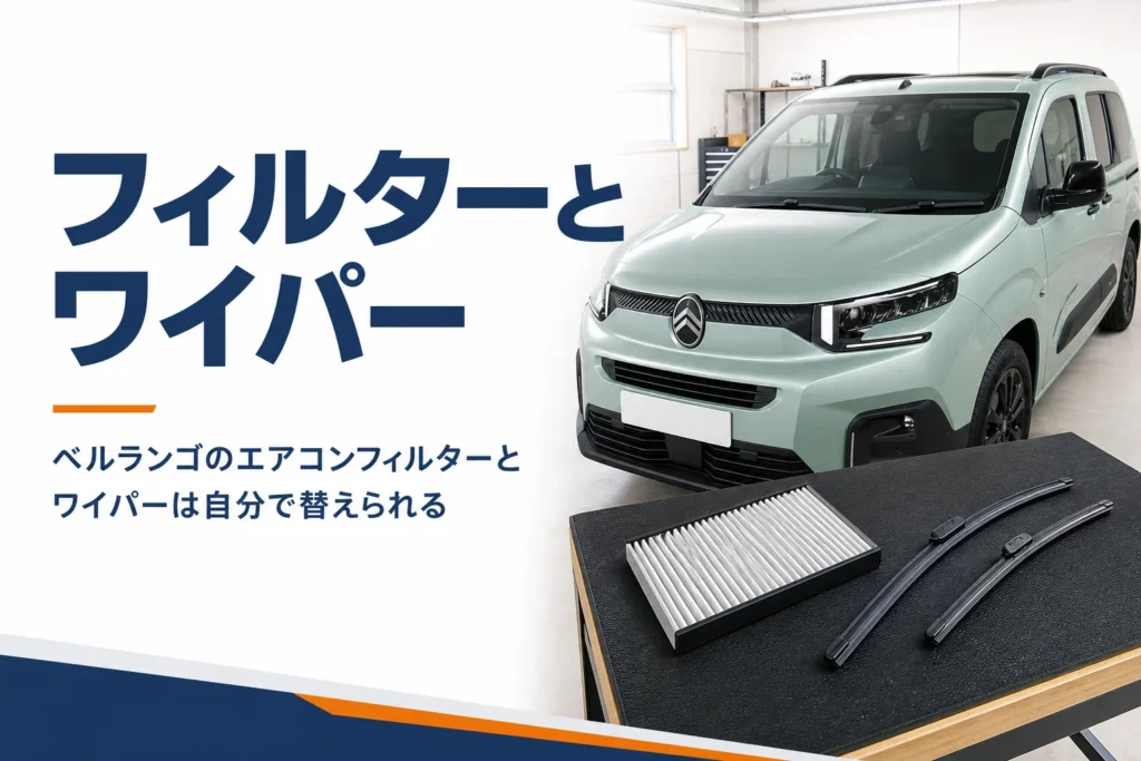 新品のエアコンフィルターとワイパーブレードを並べた箱型MPV
