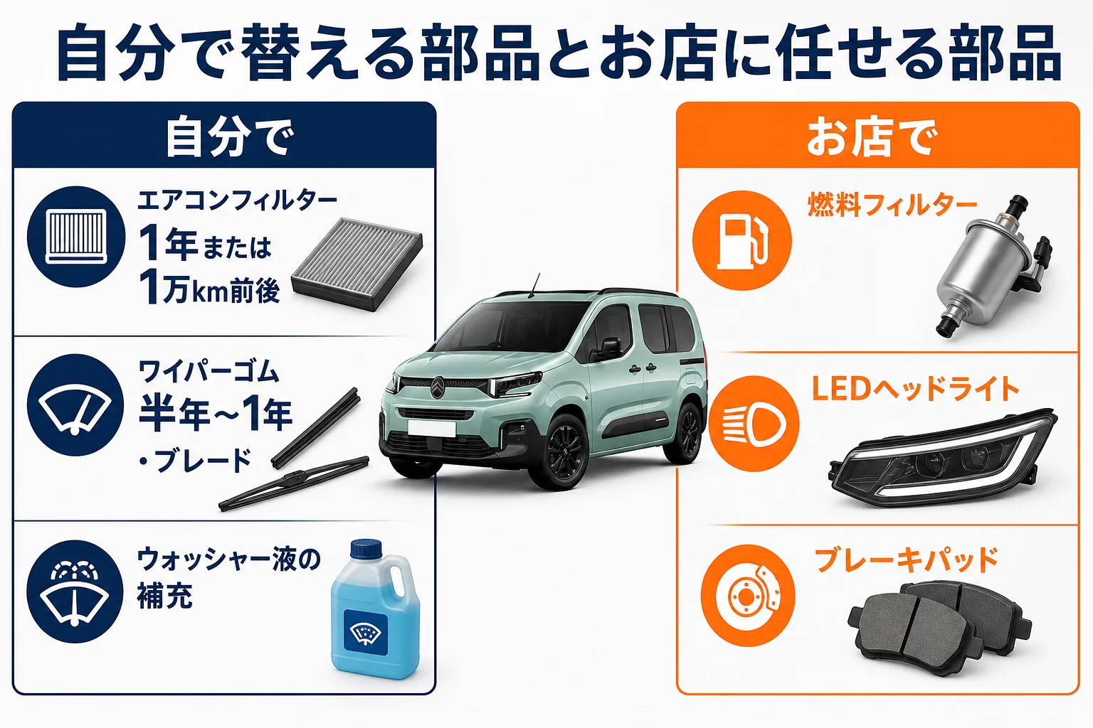 ベルランゴの消耗品を自分で替えられるかで分けた図解