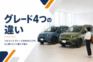 ベルランゴの5人乗りと7人乗りが並ぶショールーム
