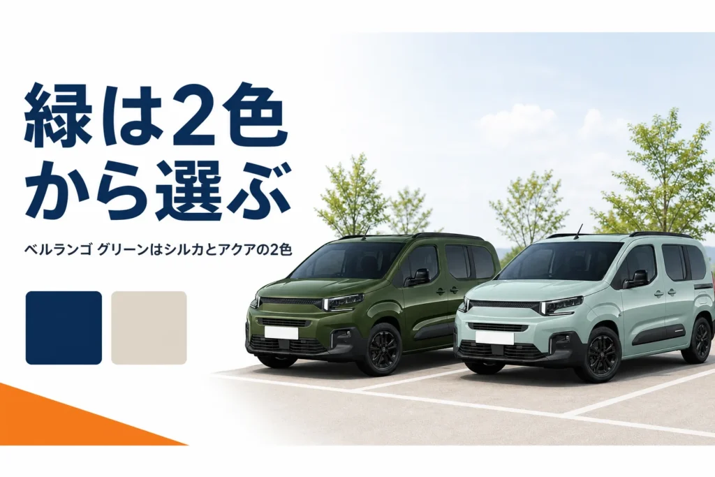 緑系と淡い緑系の塗装パネルが並び青とベージュの色見本が添えられたイメージ