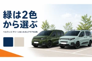 緑系と淡い緑系の塗装パネルが並び青とベージュの色見本が添えられたイメージ