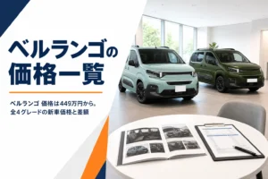 ショールームに並ぶ2台のMPVと見積書のイメージ