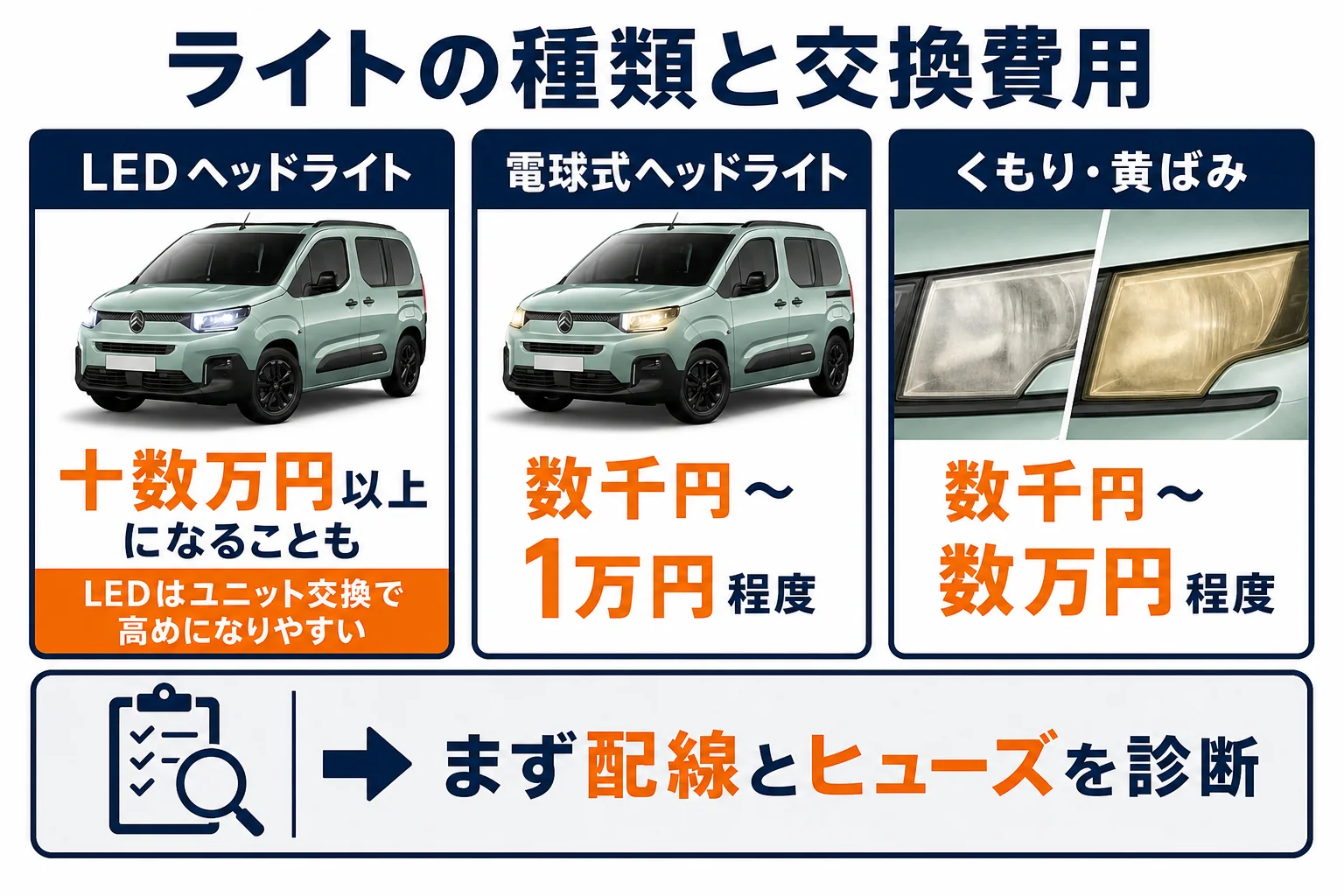 ベルランゴのライトの種類ごとに交換の方法と費用の目安を並べた図解