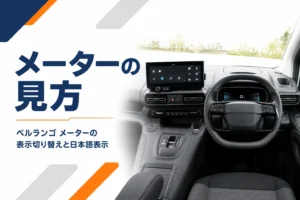 運転席から見たデジタルメーターとハンドル、中央の大きな画面のイメージ