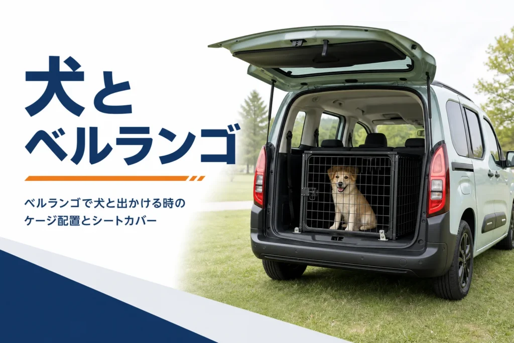 テールゲートを開けた荷室にケージを置き、中型犬が乗っているイメージ