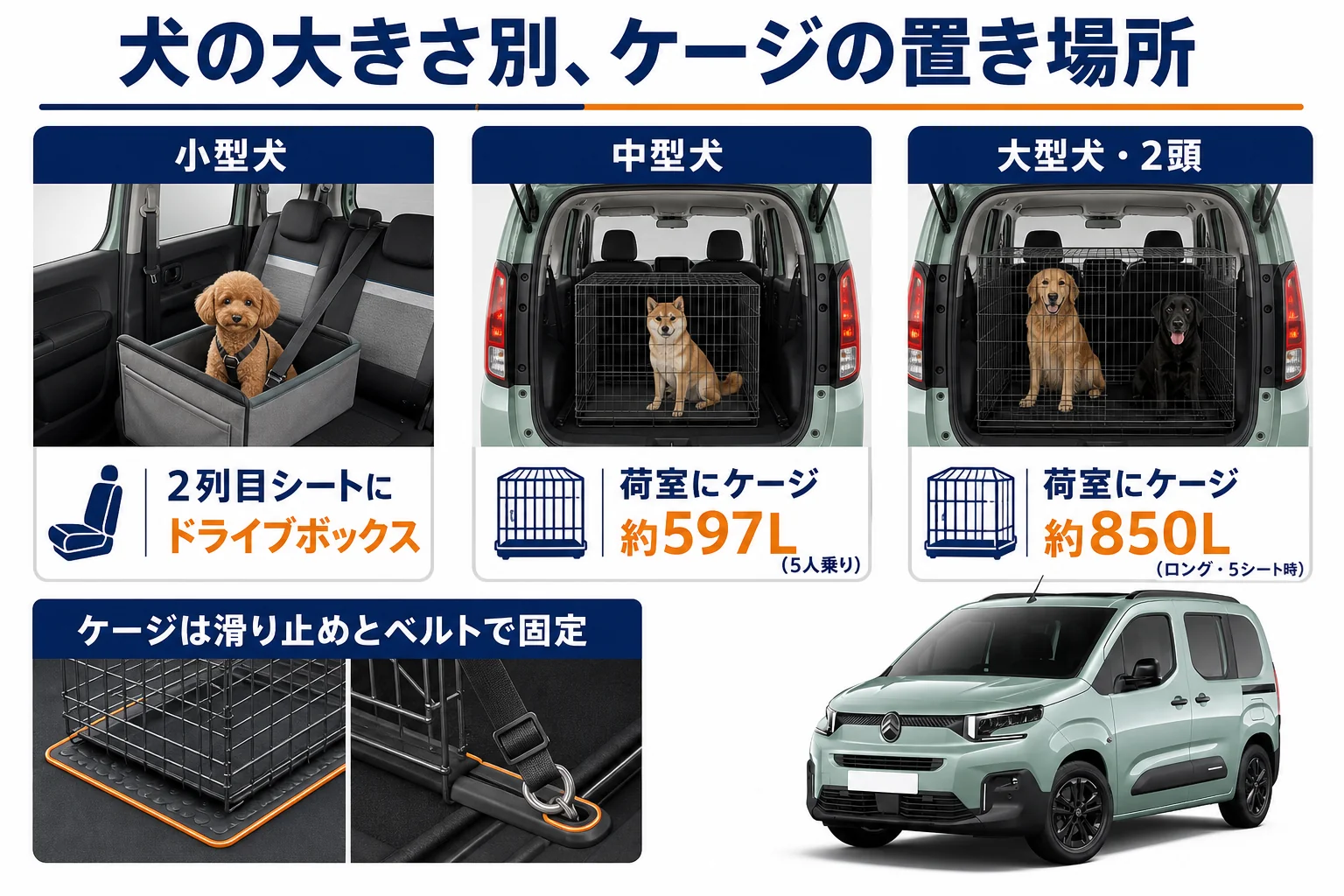 ベルランゴの5人乗りとロングで犬のケージの置き場所を比べた図解