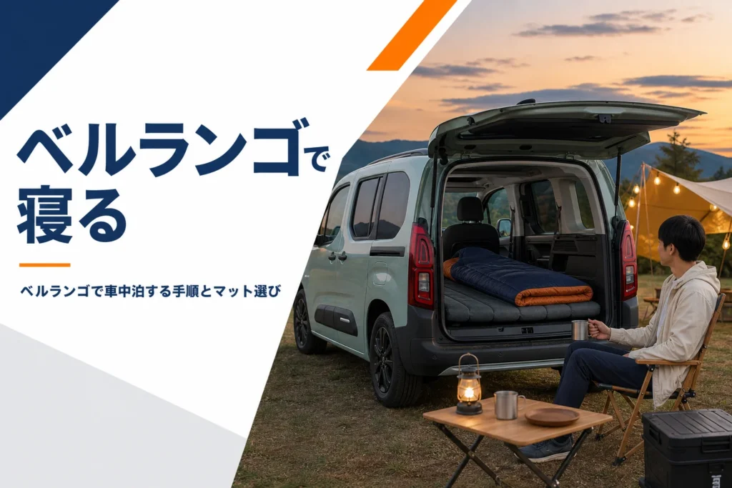 荷室にマットを敷いて車中泊の準備をしたベルランゴ