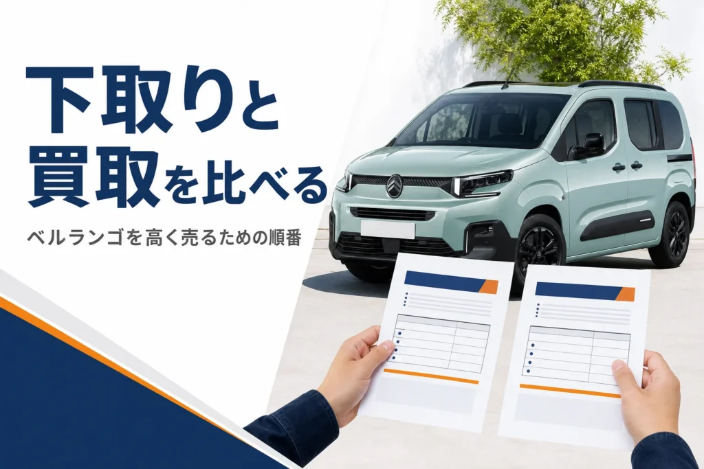 ベルランゴの横で下取りと買取の見積書を見比べる様子